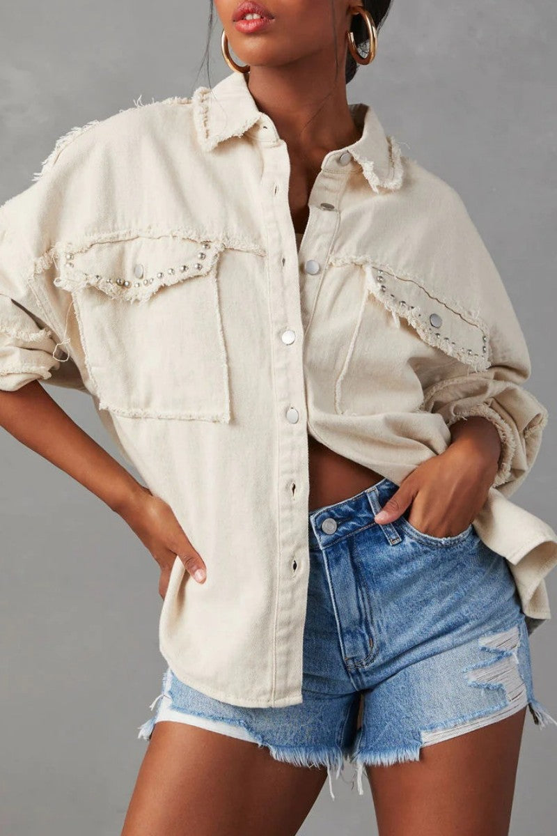 Casual Solid Patchwork Turndown Collar Long Sleeve Regular Denim Jacket