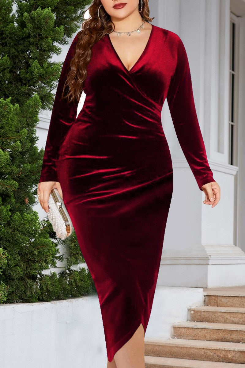 Casual Solid Patchwork V Neck Long Sleeve Plus Size Dresses - Fashionpara