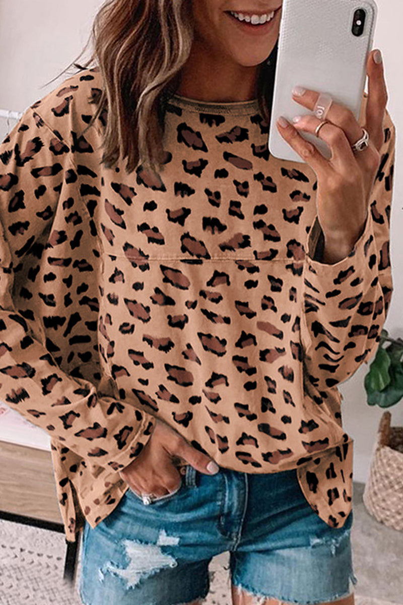 Casual Leopard Printing O Neck Tops