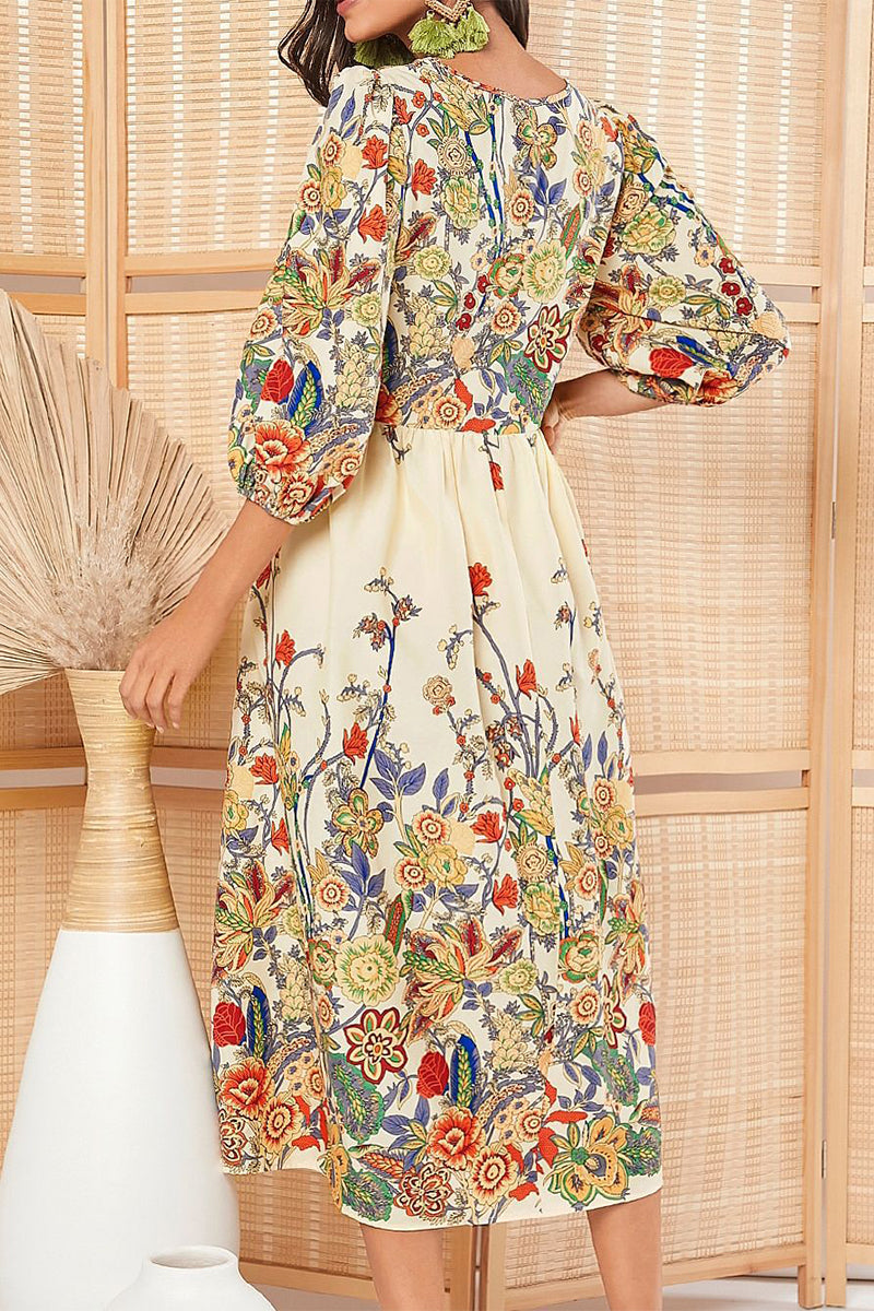 Elegant College Floral With Belt V Neck A Line Dresses(3 Colors)