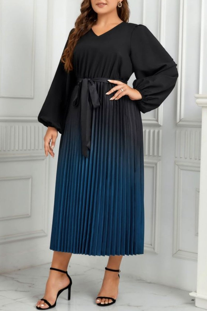 Casual Gradual Change Print Pleated V Neck Long Sleeve Plus Size Dresses - Fashionpara