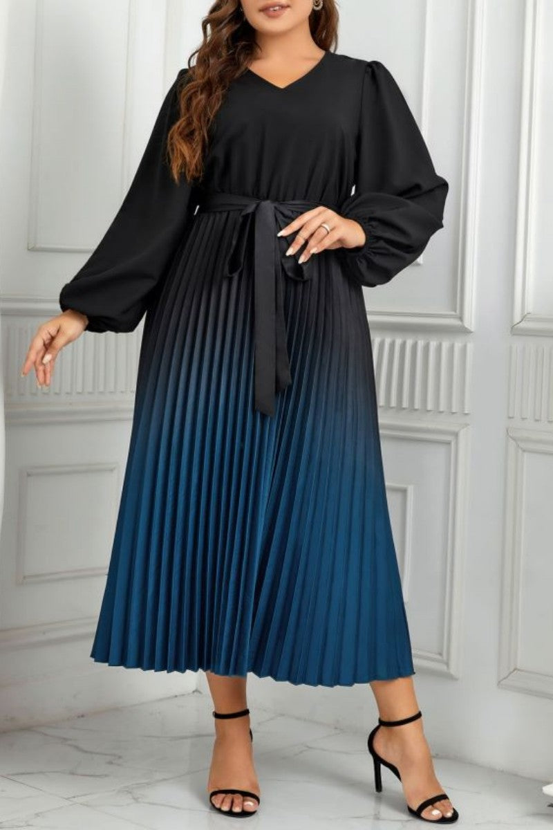 Casual Gradual Change Print Pleated V Neck Long Sleeve Plus Size Dresses - Fashionpara