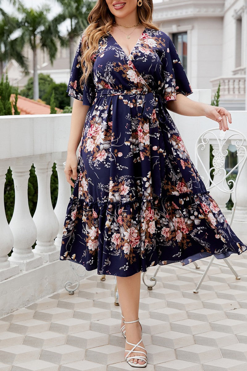 Casual Print Frenulum V Neck A Line Plus Size Dresses - Fashionpara