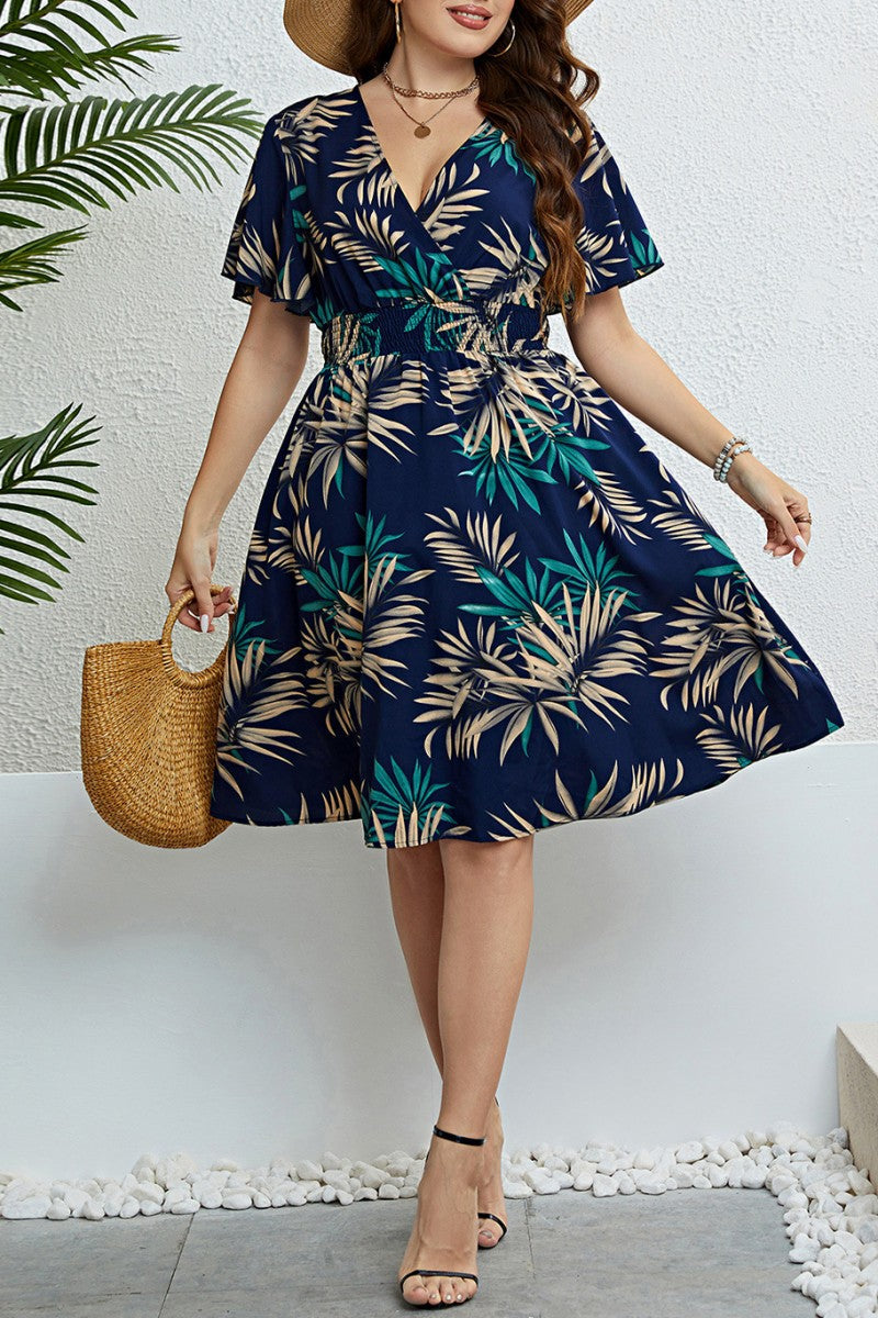 Casual Print Patchwork V Neck Short Sleeve Dress Plus Size Dresses - Fashionpara