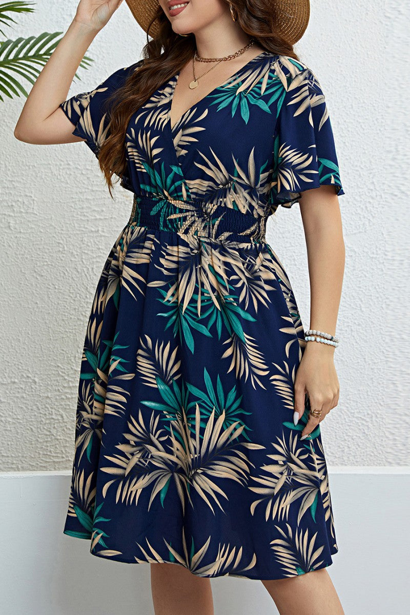 Casual Print Patchwork V Neck Short Sleeve Dress Plus Size Dresses - Fashionpara