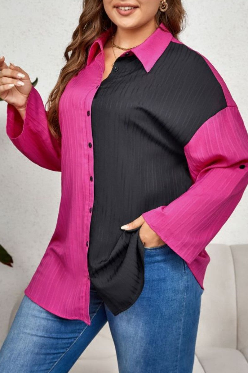 Casual Patchwork Contrast Shirt Collar Plus Size Tops