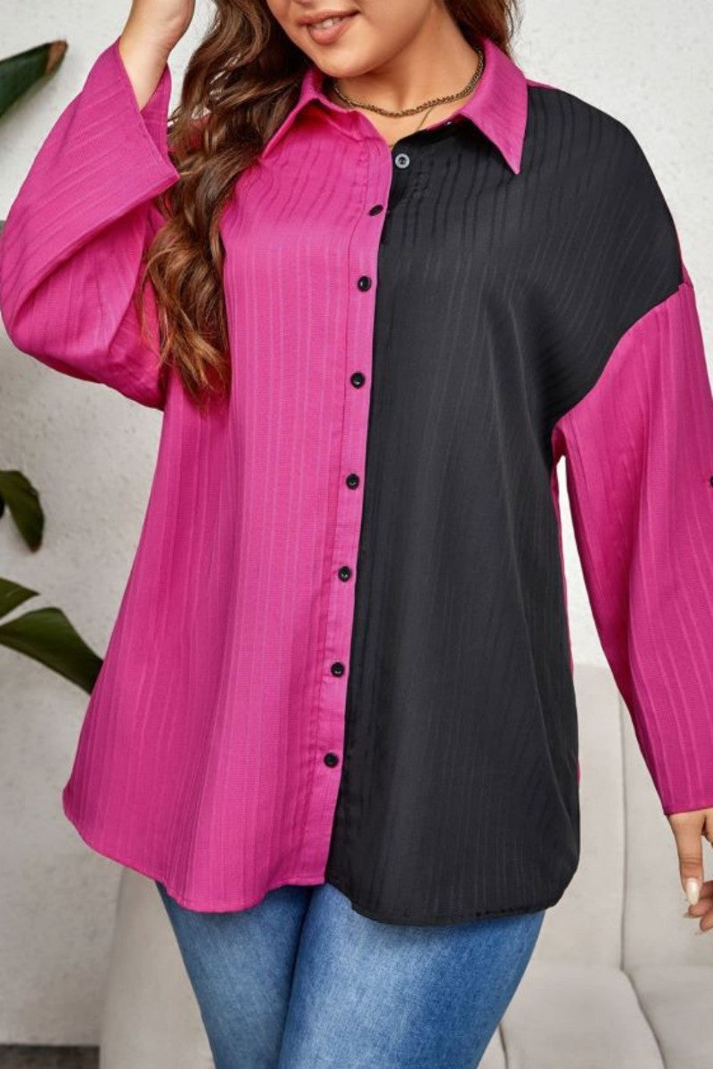 Casual Patchwork Contrast Shirt Collar Plus Size Tops