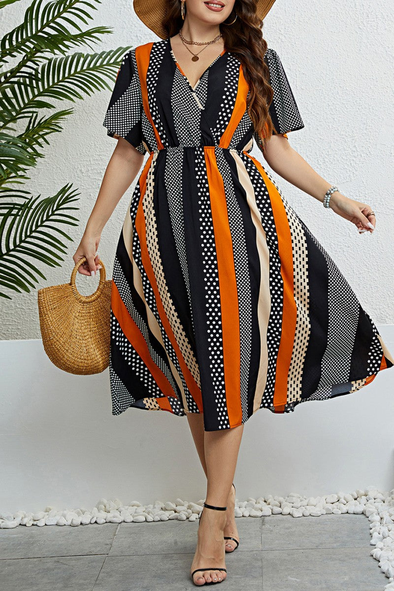 Casual Print Patchwork V Neck Short Sleeve Dress Plus Size Dresses - Fashionpara