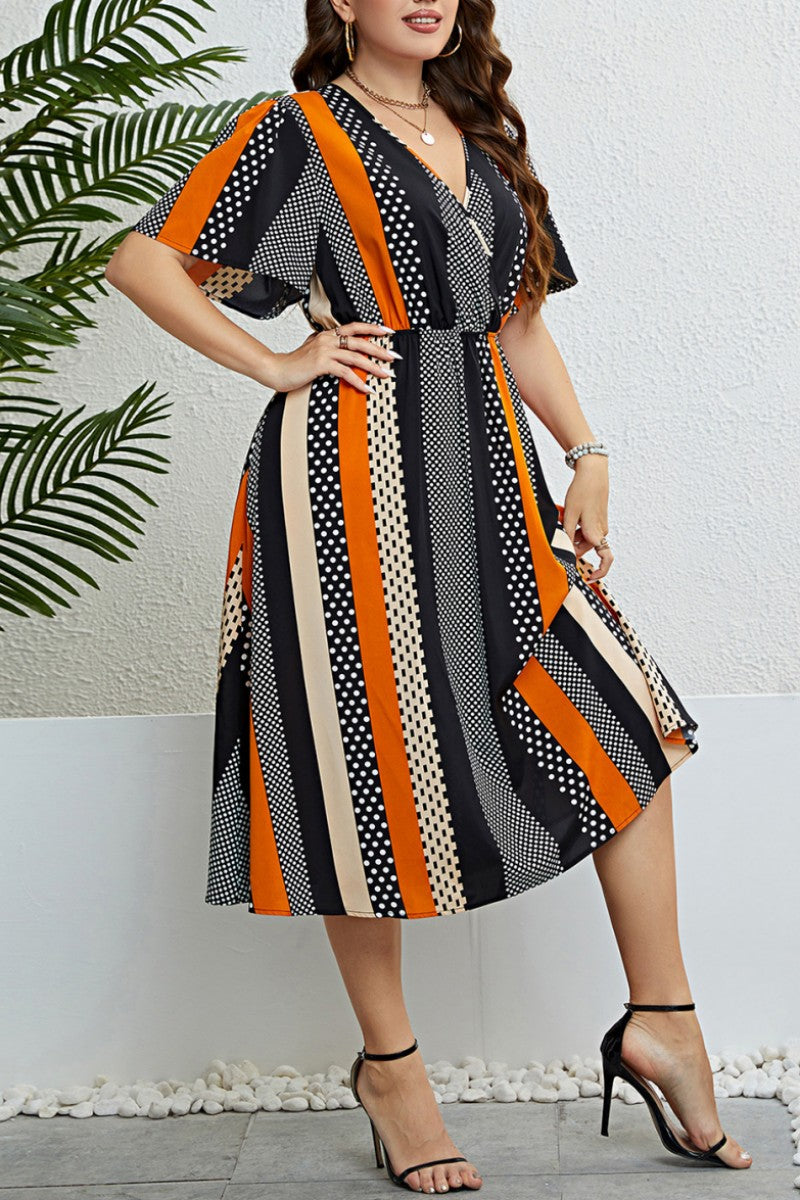 Casual Print Patchwork V Neck Short Sleeve Dress Plus Size Dresses - Fashionpara