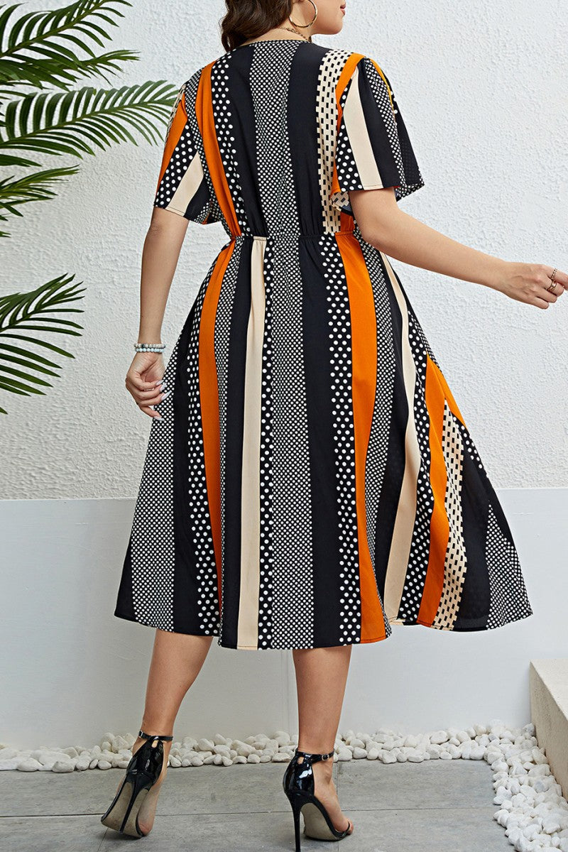 Casual Print Patchwork V Neck Short Sleeve Dress Plus Size Dresses - Fashionpara