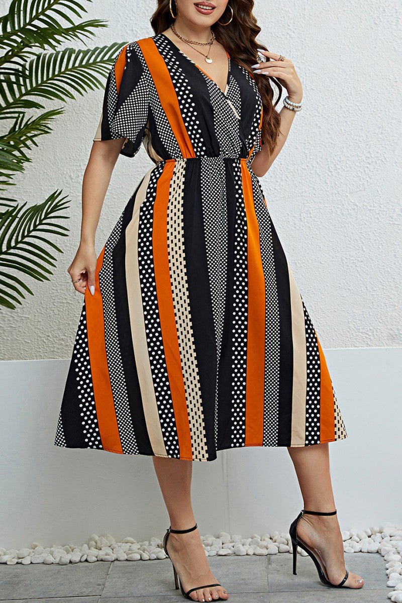 Casual Print Patchwork V Neck Short Sleeve Dress Plus Size Dresses - Fashionpara