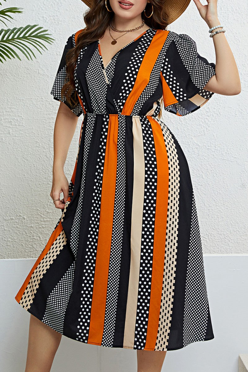 Casual Print Patchwork V Neck Short Sleeve Dress Plus Size Dresses - Fashionpara