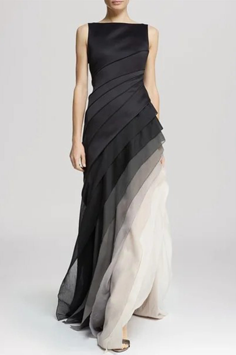 Elegant Gradual Change Color Block Contrast Asymmetrical Collar Evening Dress Dresses - Fashionpara