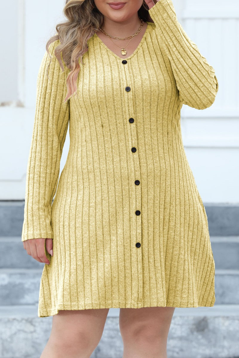 Casual Solid Patchwork V Neck Long Sleeve Plus Size Dresses (Without Belt) - Fashionpara