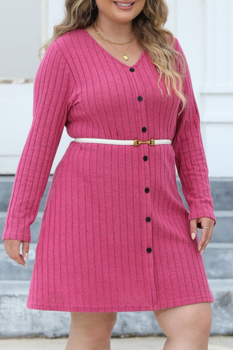 Casual Solid Patchwork V Neck Long Sleeve Plus Size Dresses (Without Belt) - Fashionpara