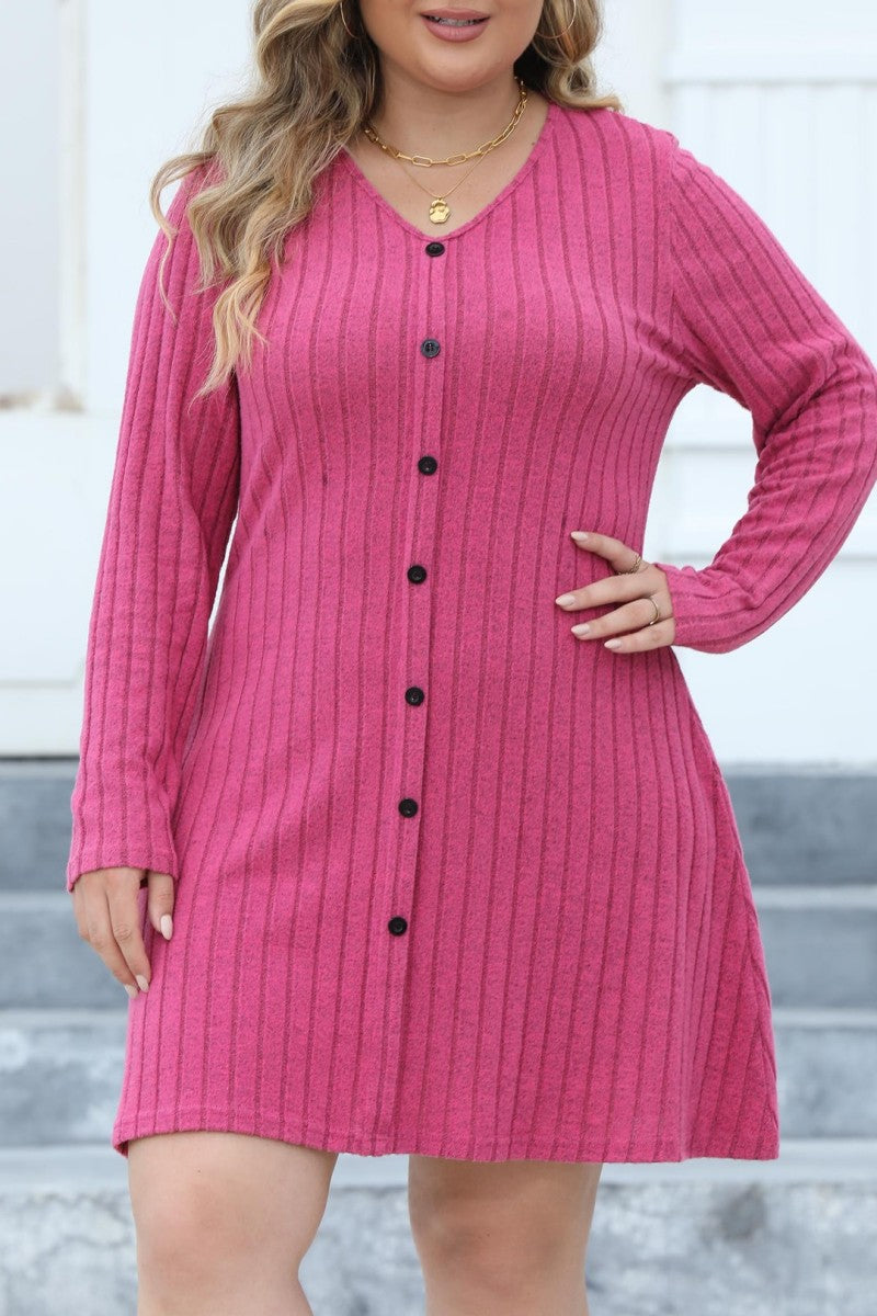 Casual Solid Patchwork V Neck Long Sleeve Plus Size Dresses (Without Belt) - Fashionpara