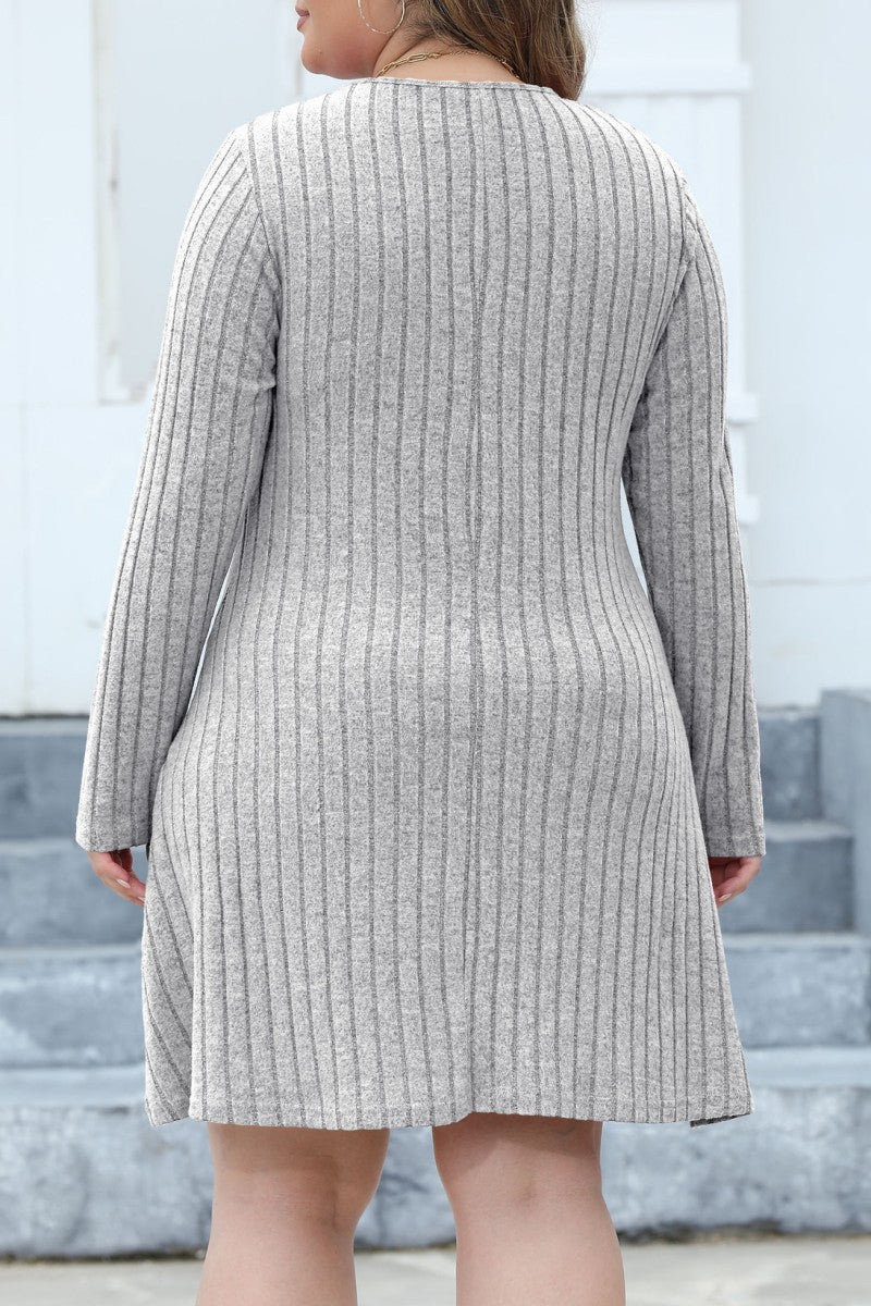 Casual Solid Patchwork V Neck Long Sleeve Plus Size Dresses (Without Belt) - Fashionpara