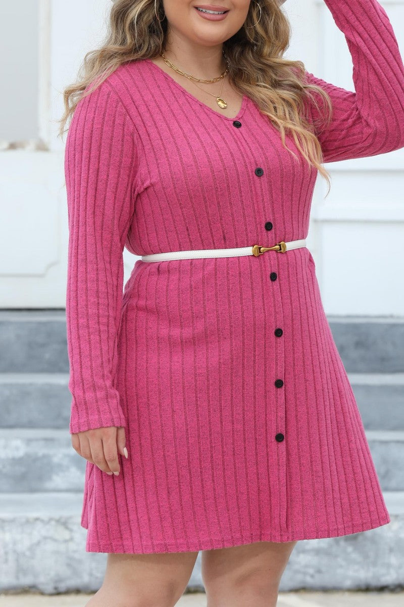 Casual Solid Patchwork V Neck Long Sleeve Plus Size Dresses (Without Belt) - Fashionpara