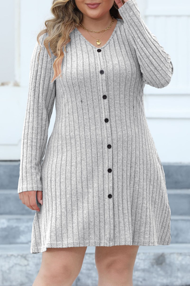 Casual Solid Patchwork V Neck Long Sleeve Plus Size Dresses (Without Belt) - Fashionpara