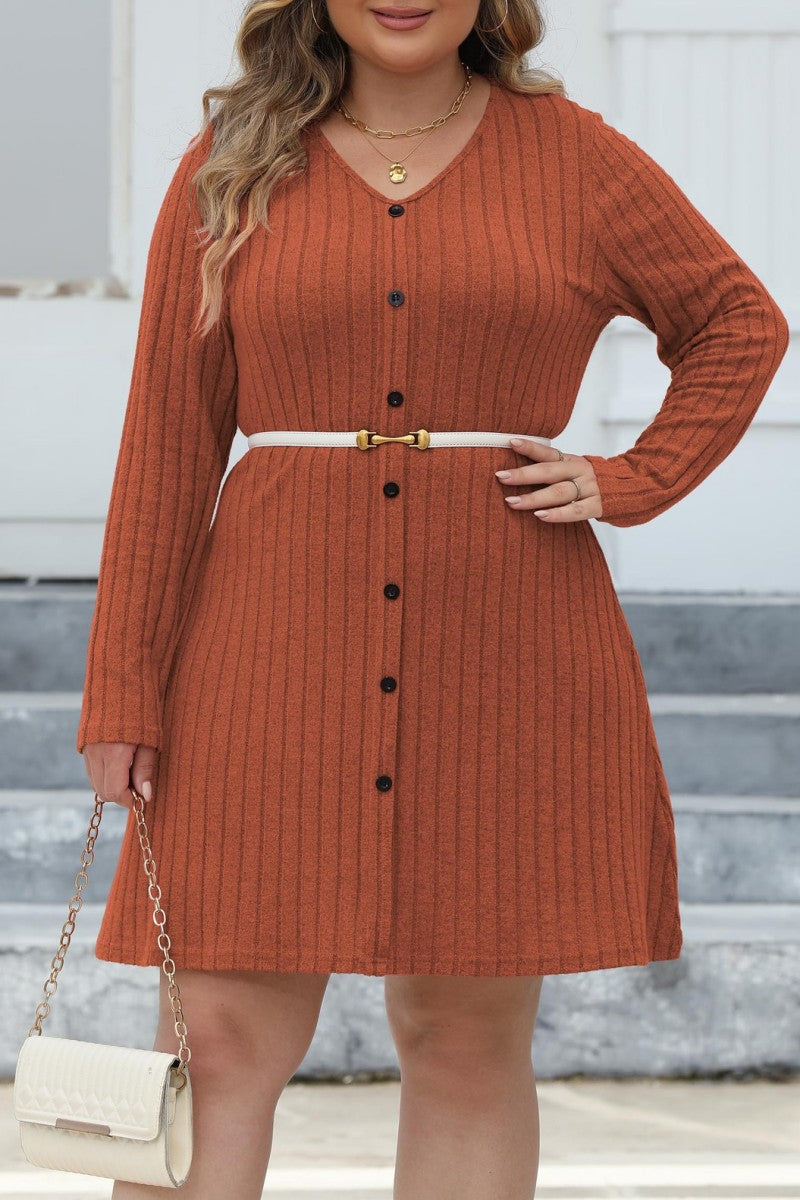 Casual Solid Patchwork V Neck Long Sleeve Plus Size Dresses (Without Belt) - Fashionpara