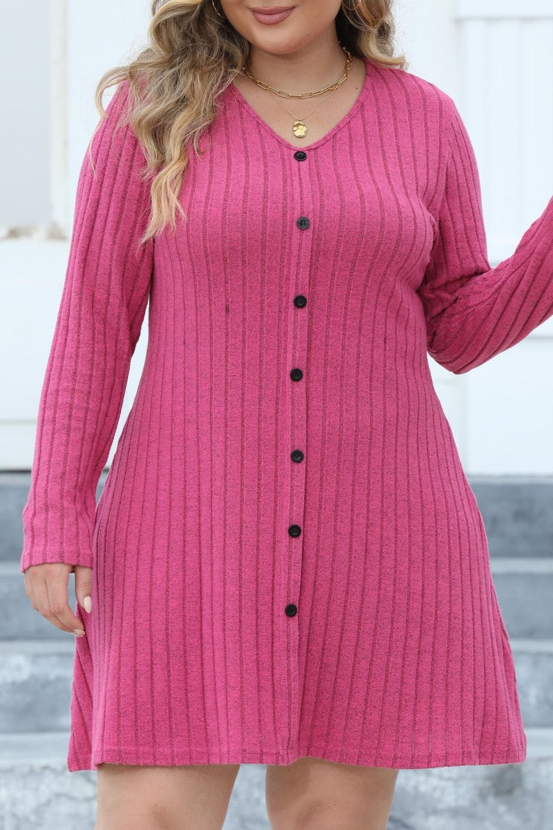 Casual Solid Patchwork V Neck Long Sleeve Plus Size Dresses (Without Belt) - Fashionpara