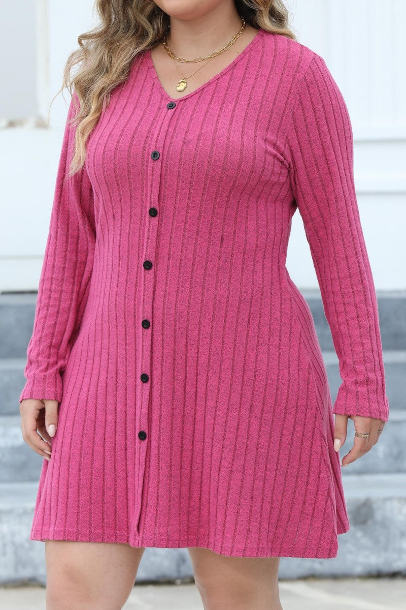 Casual Solid Patchwork V Neck Long Sleeve Plus Size Dresses (Without Belt) - Fashionpara