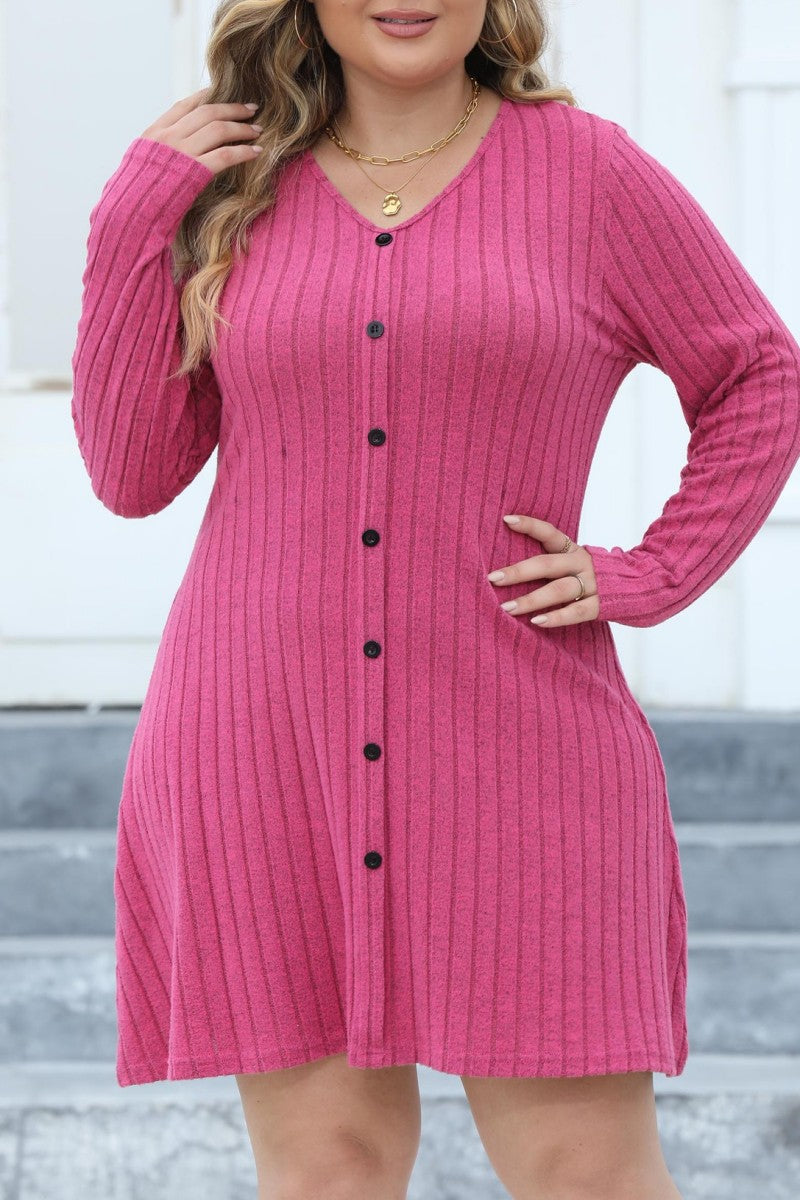 Casual Solid Patchwork V Neck Long Sleeve Plus Size Dresses (Without Belt) - Fashionpara