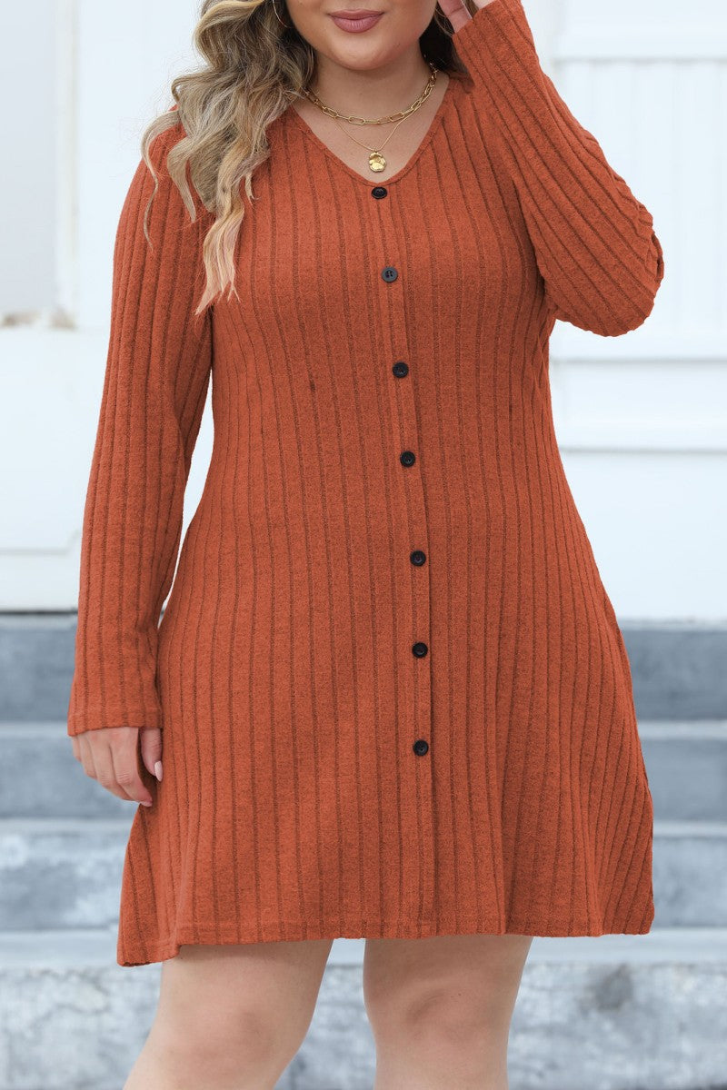 Casual Solid Patchwork V Neck Long Sleeve Plus Size Dresses (Without Belt) - Fashionpara