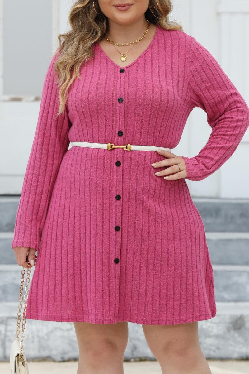 Casual Solid Patchwork V Neck Long Sleeve Plus Size Dresses (Without Belt) - Fashionpara