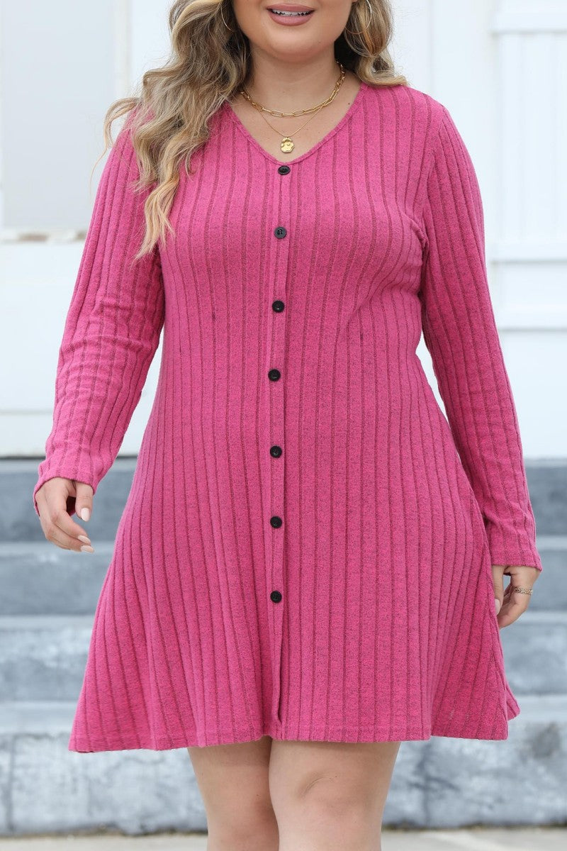 Casual Solid Patchwork V Neck Long Sleeve Plus Size Dresses (Without Belt) - Fashionpara