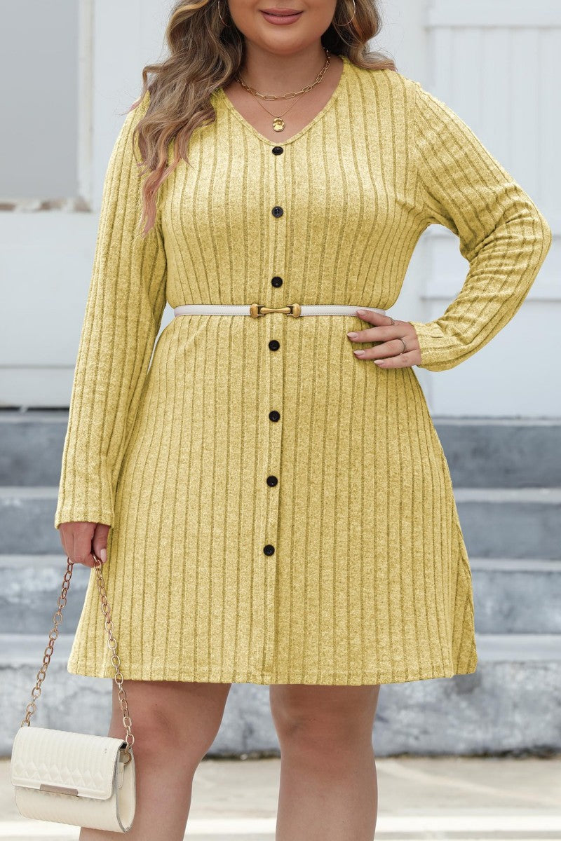 Casual Solid Patchwork V Neck Long Sleeve Plus Size Dresses (Without Belt) - Fashionpara