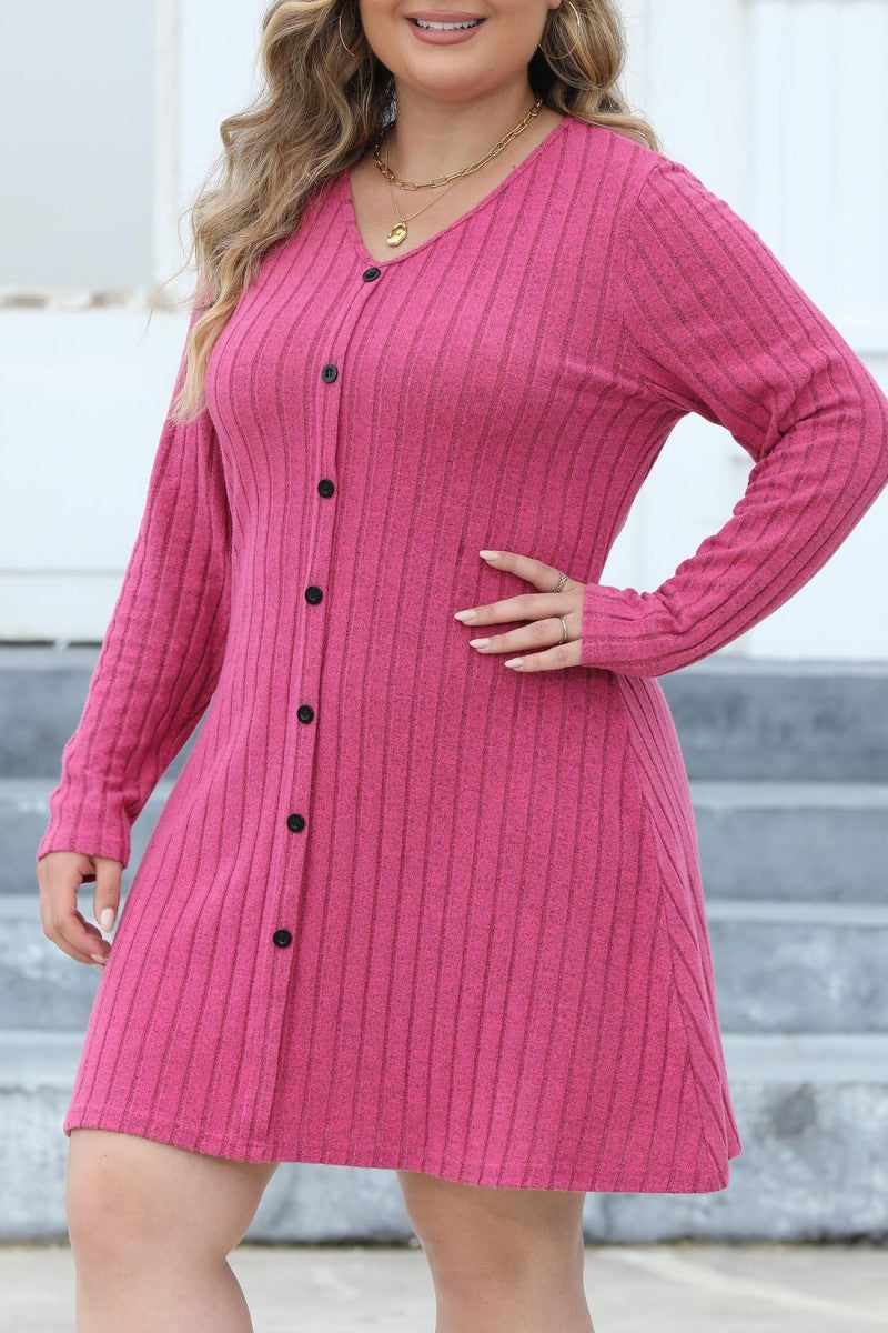 Casual Solid Patchwork V Neck Long Sleeve Plus Size Dresses (Without Belt) - Fashionpara