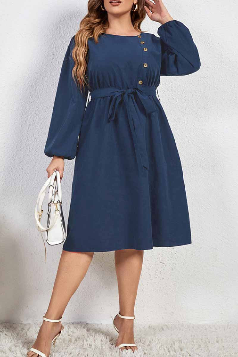 Casual Solid Basic O Neck Long Sleeve Plus Size Dresses - Fashionpara