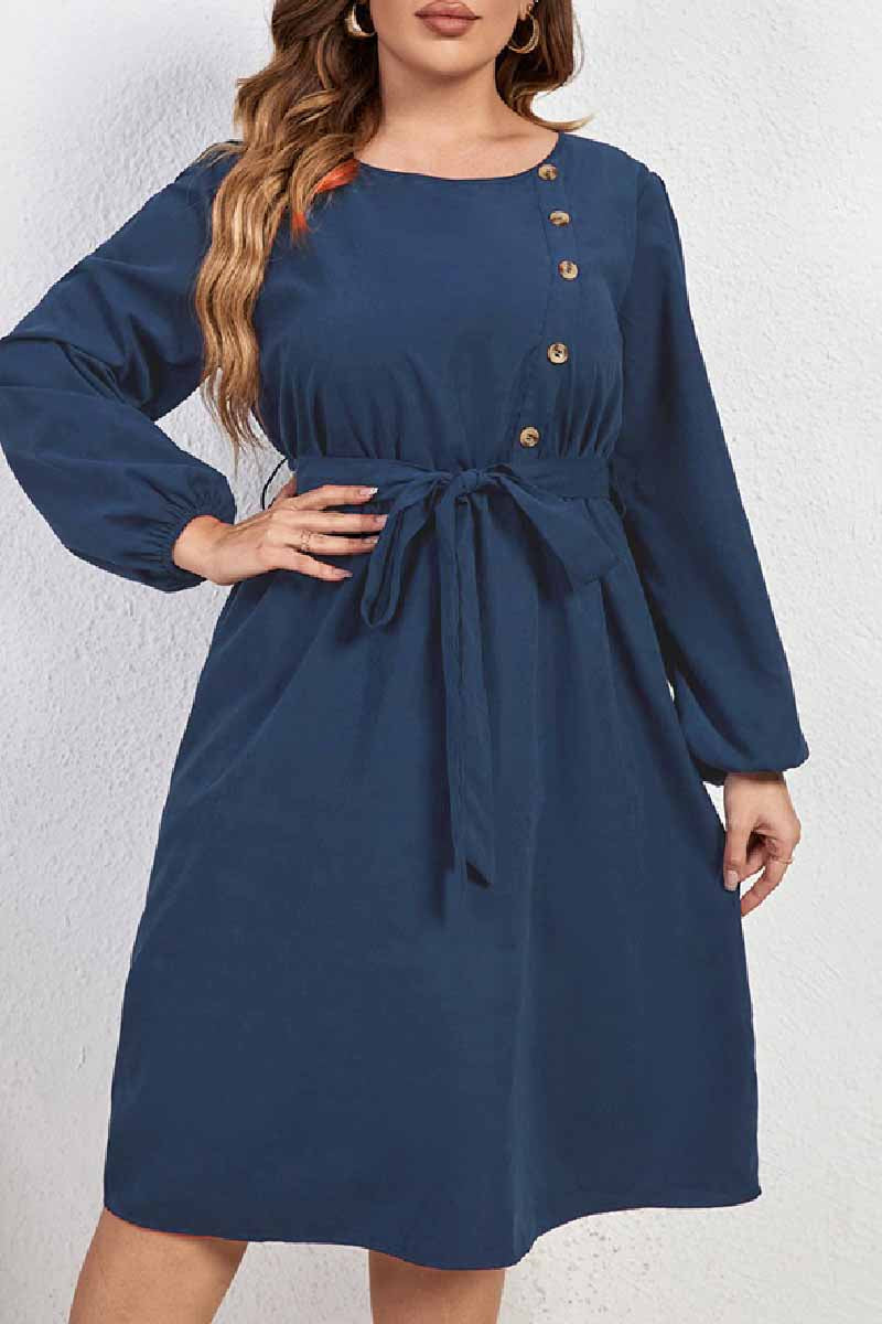 Casual Solid Basic O Neck Long Sleeve Plus Size Dresses - Fashionpara