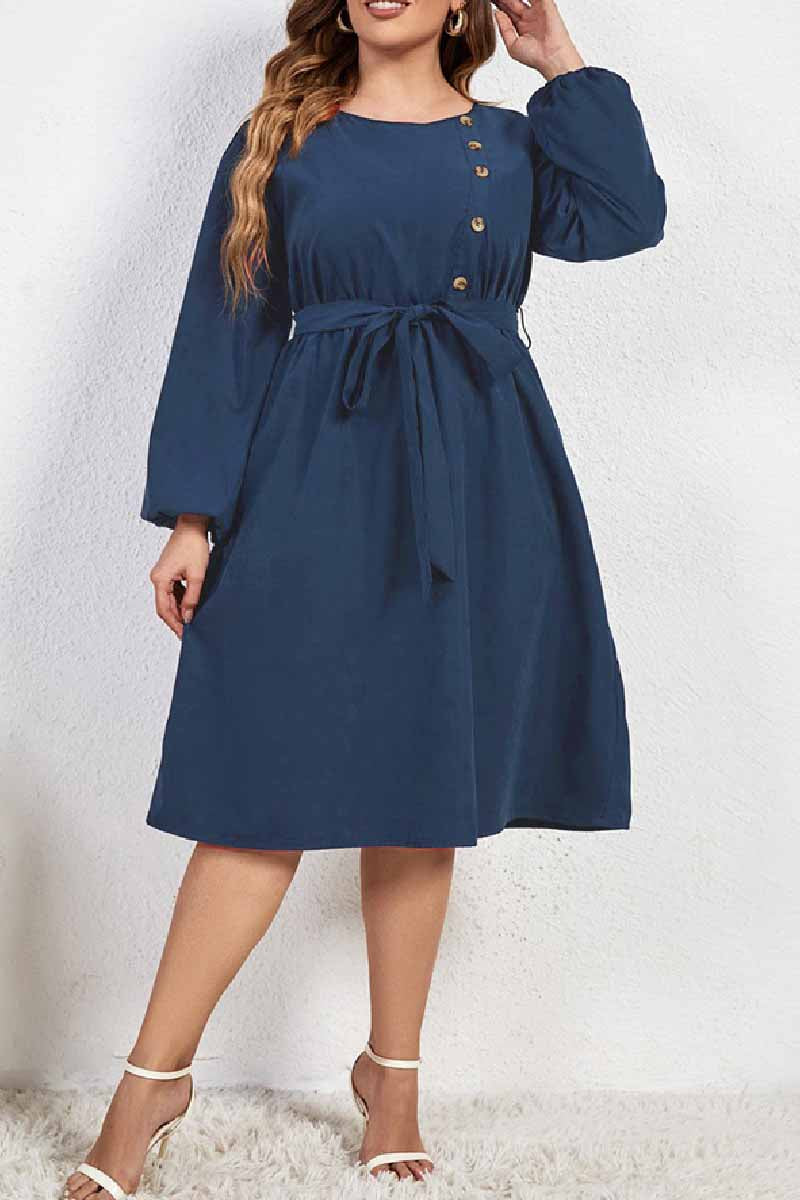 Casual Solid Basic O Neck Long Sleeve Plus Size Dresses - Fashionpara