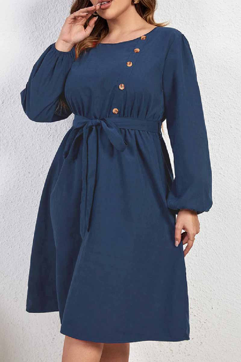 Casual Solid Basic O Neck Long Sleeve Plus Size Dresses - Fashionpara