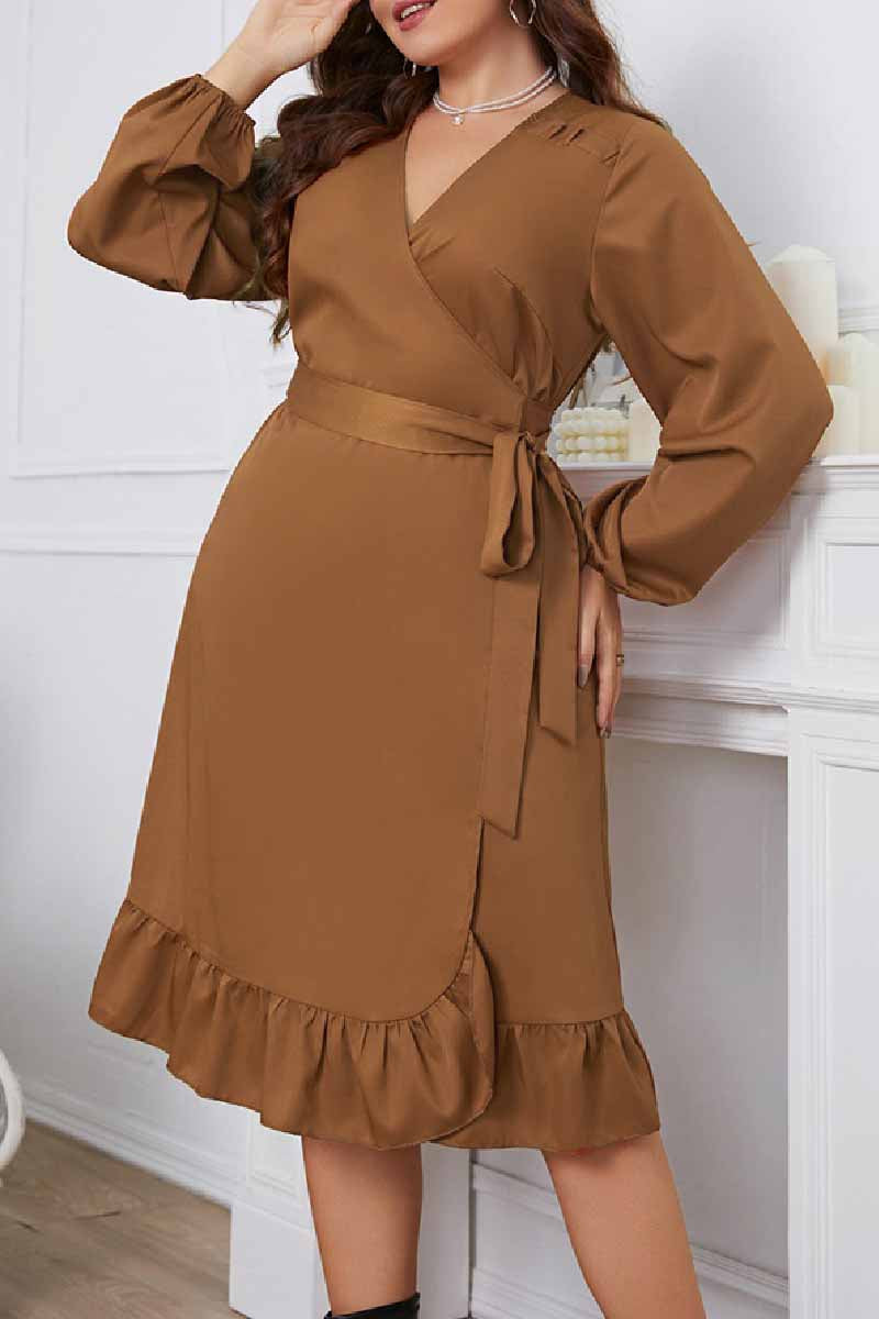 Casual Solid Frenulum V Neck Long Sleeve Plus Size Dresses - Fashionpara