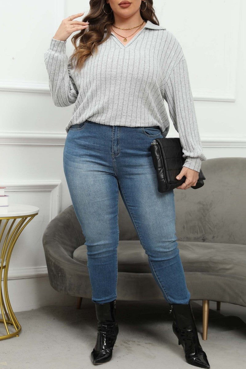 Casual Solid Basic V Neck Plus Size Tops