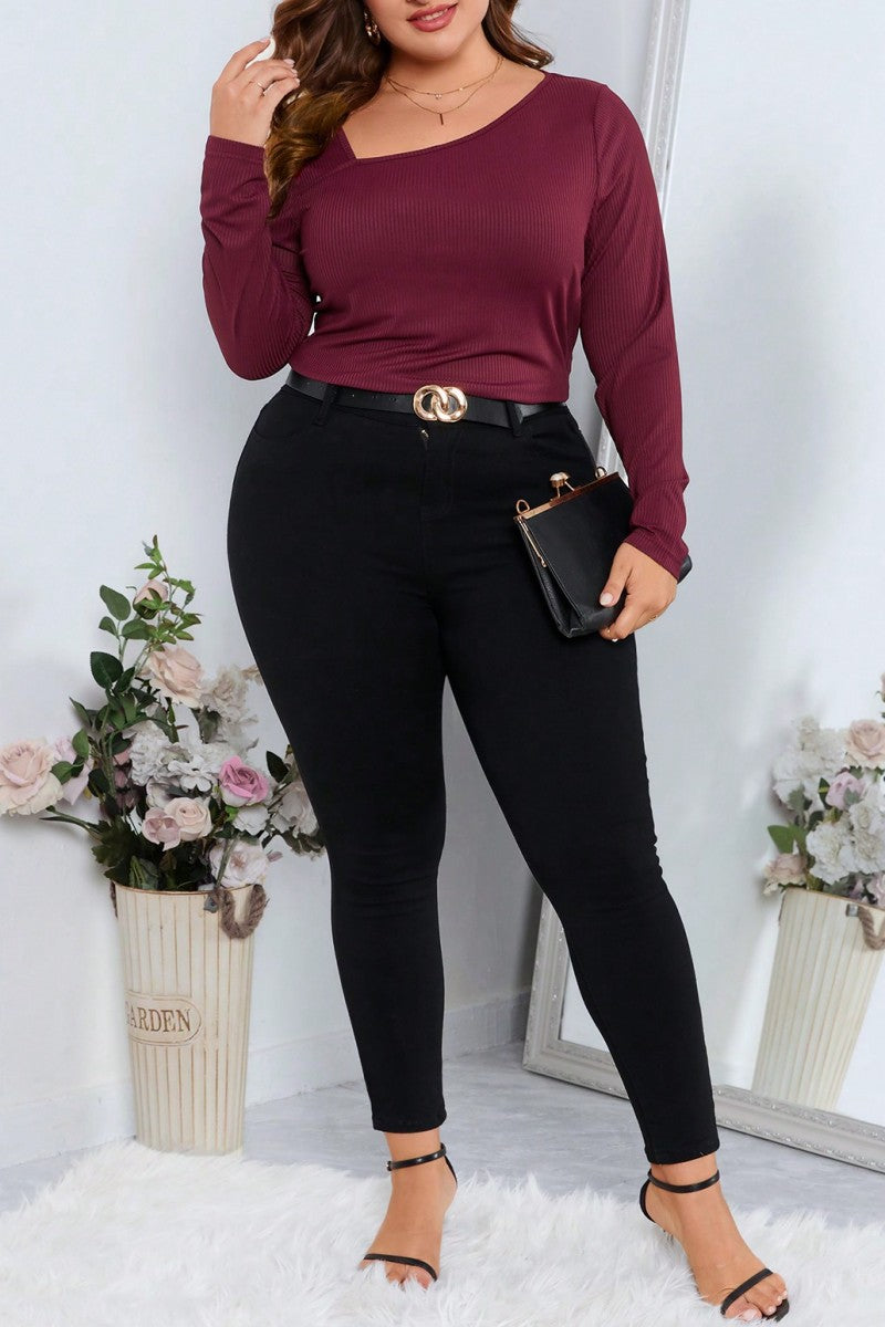 Casual Solid Basic Oblique Collar Plus Size Tops