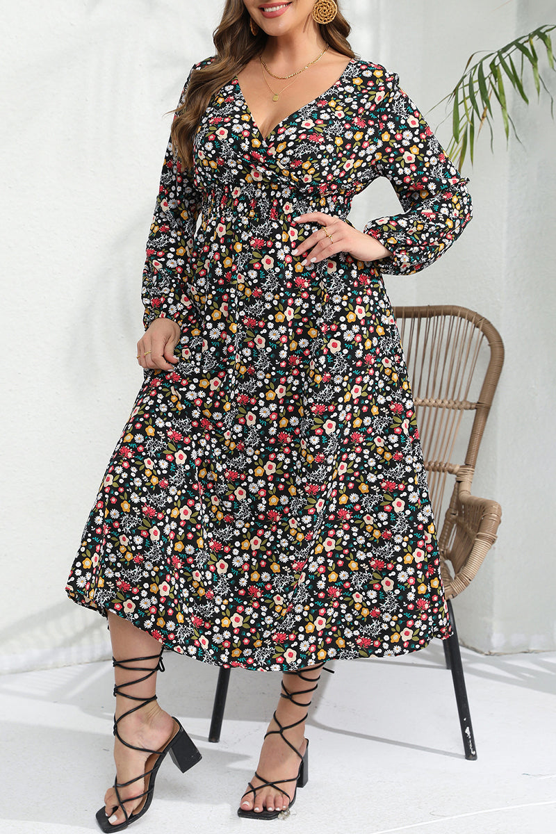 Elegant Floral Patchwork V Neck A Line Plus Size Dresses