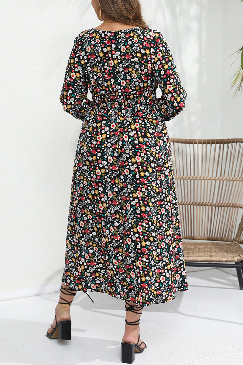 Elegant Floral Patchwork V Neck A Line Plus Size Dresses