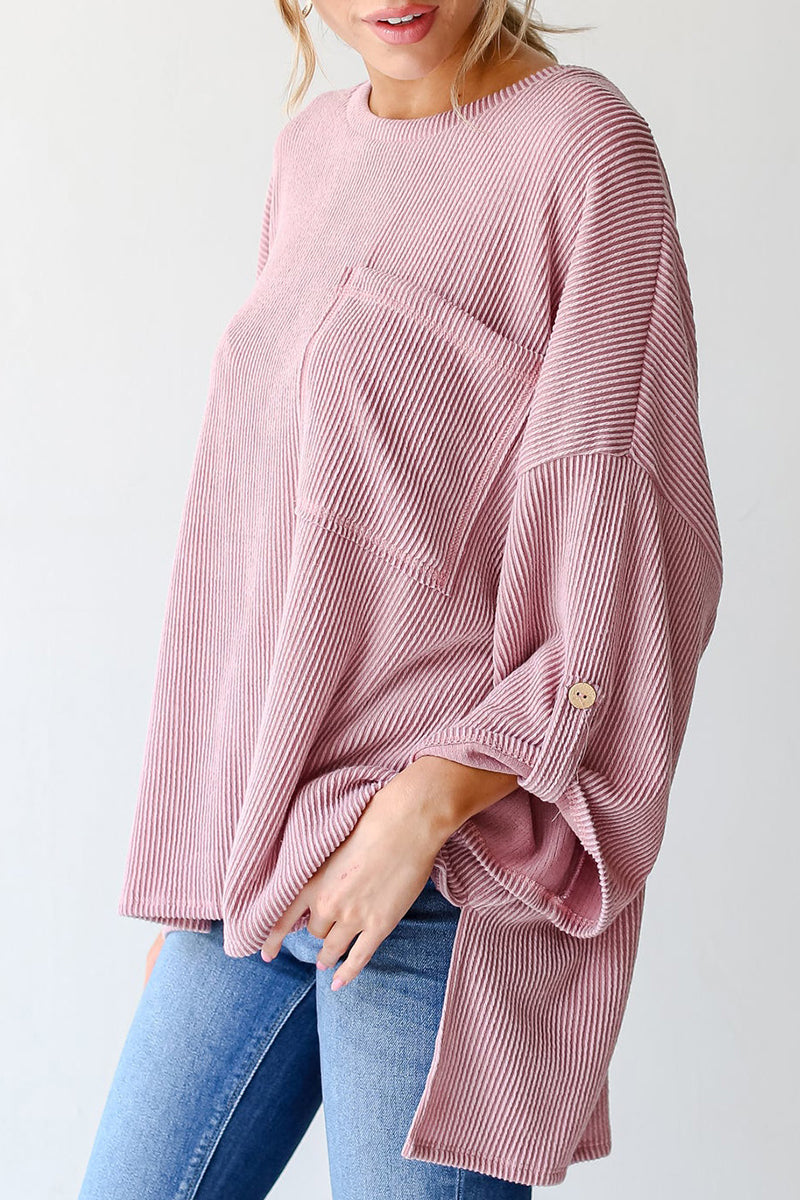 Casual Solid Pocket O Neck Tops