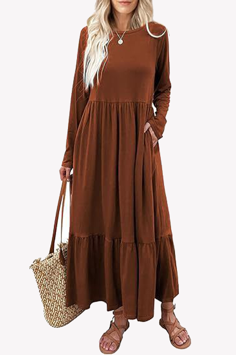 Casual Solid Patchwork Pocket O Neck A Line Dresses