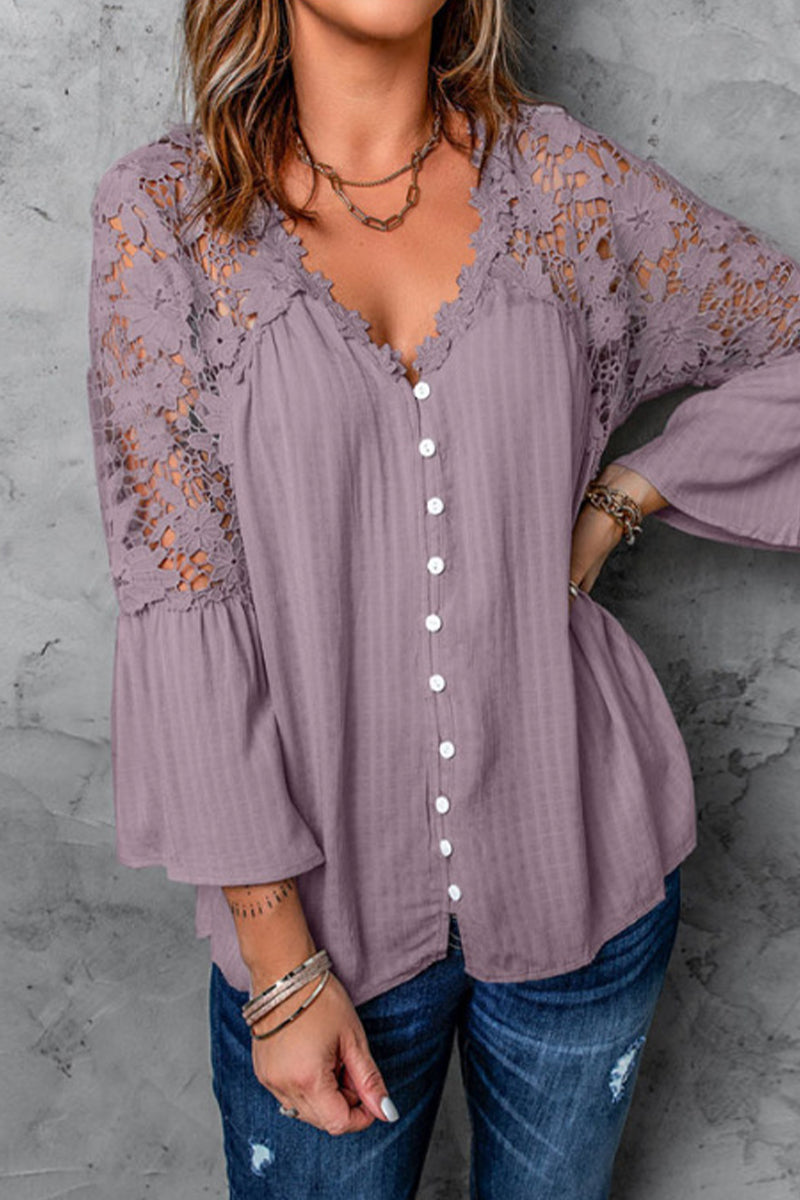 Sexy Solid Lace Buttons V Neck Tops