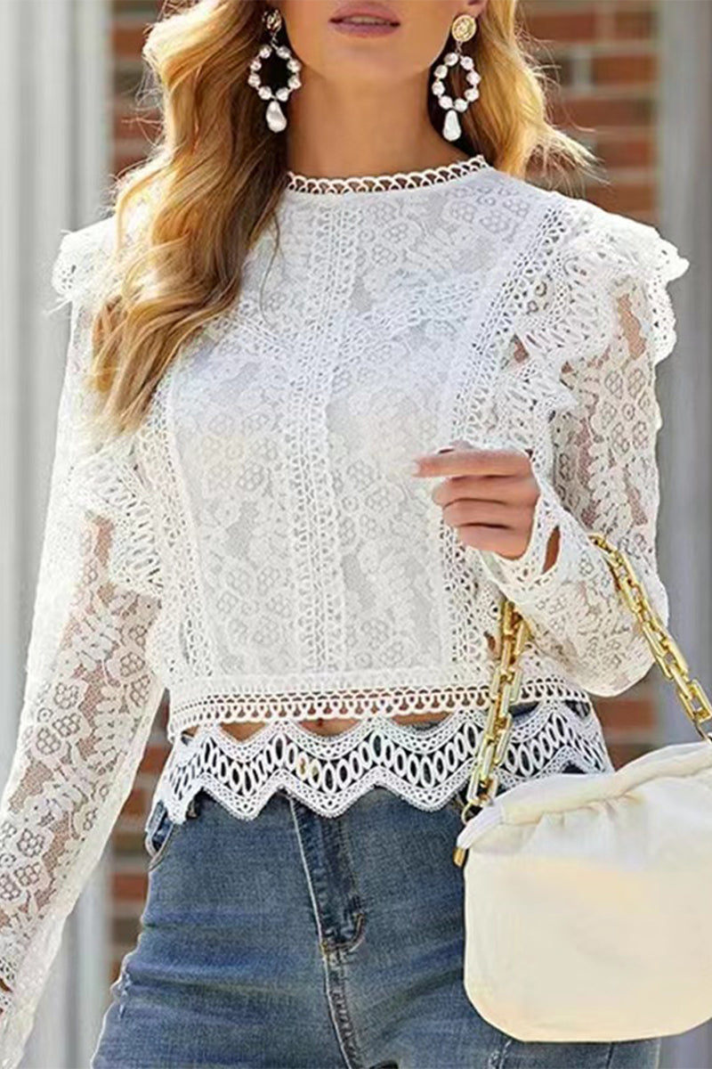 Sexy Solid Lace Zipper O Neck Tops