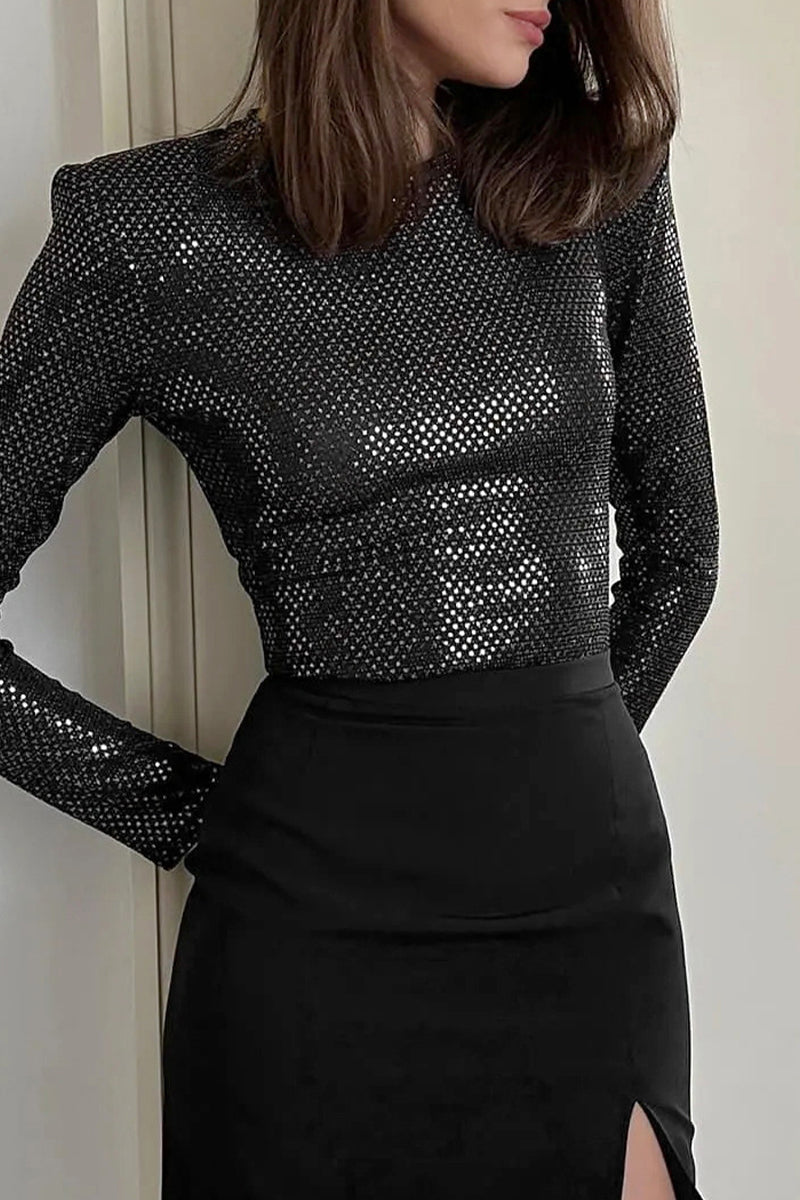 Elegant Solid Sequins Sequined O Neck Tops