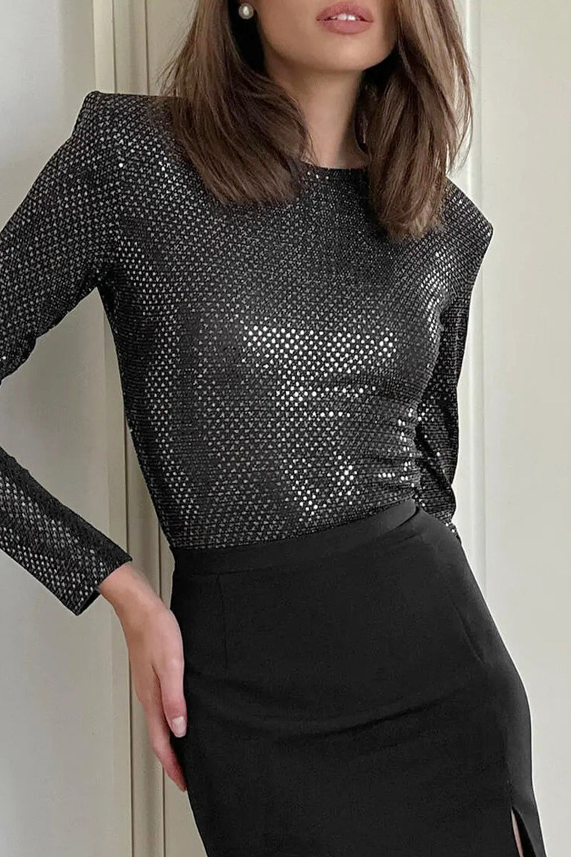 Elegant Solid Sequins Sequined O Neck Tops