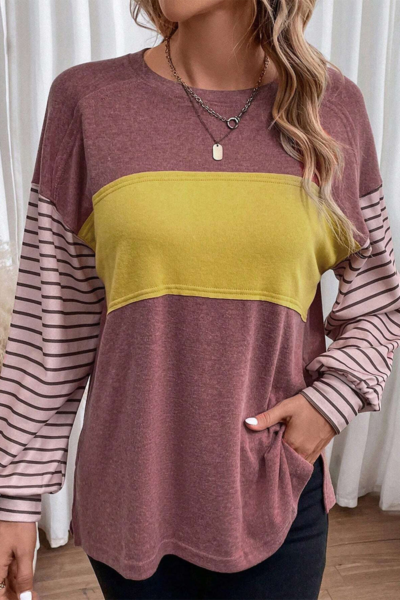 Casual Color Block Contrast O Neck Tops