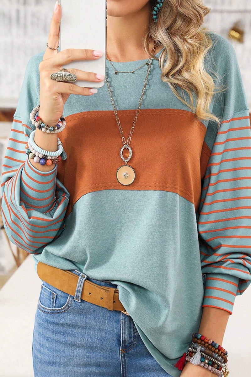 Casual Color Block Contrast O Neck Tops