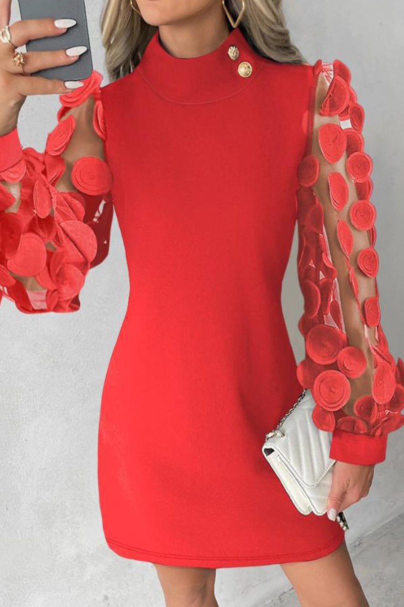 Elegant Solid Buttons Appliques Half A Turtleneck A Line Dresses - Fashionpara